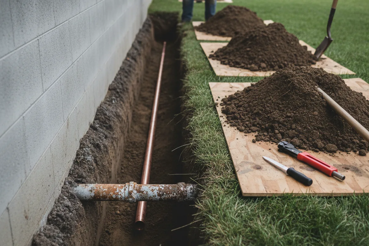 Excavated water line trench during Water Softener Installation in Hastings On Hudson
